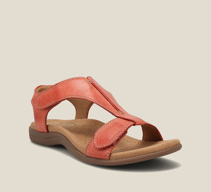 Coral leather t-strap orthopedic sandal with cushioned sole and arch support