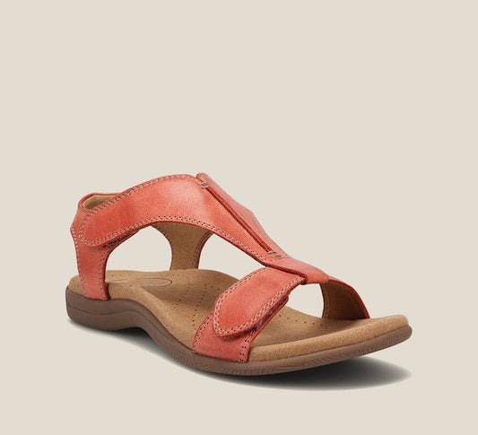 Coral leather t-strap orthopedic sandal with cushioned sole and arch support