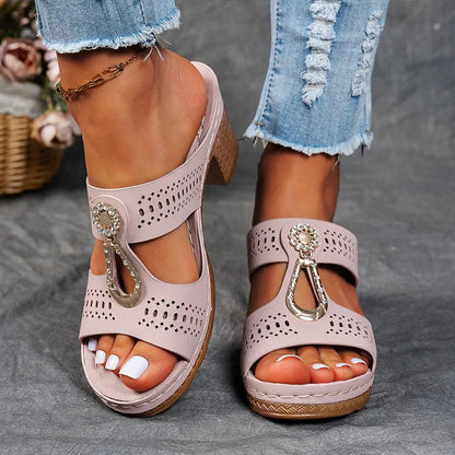 Lavender perforated block heel sandal mule with gold buckle detail and woven platform