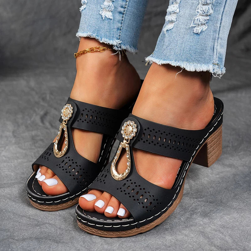 Black perforated block heel sandal mule with gold chain detail and wooden sole