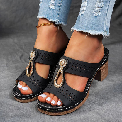 Black perforated block heel sandal mule with gold chain detail and wooden sole