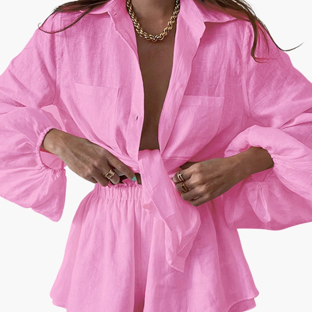 Pink linen wrap cropped long sleeve top paired with elastic waist shorts set
