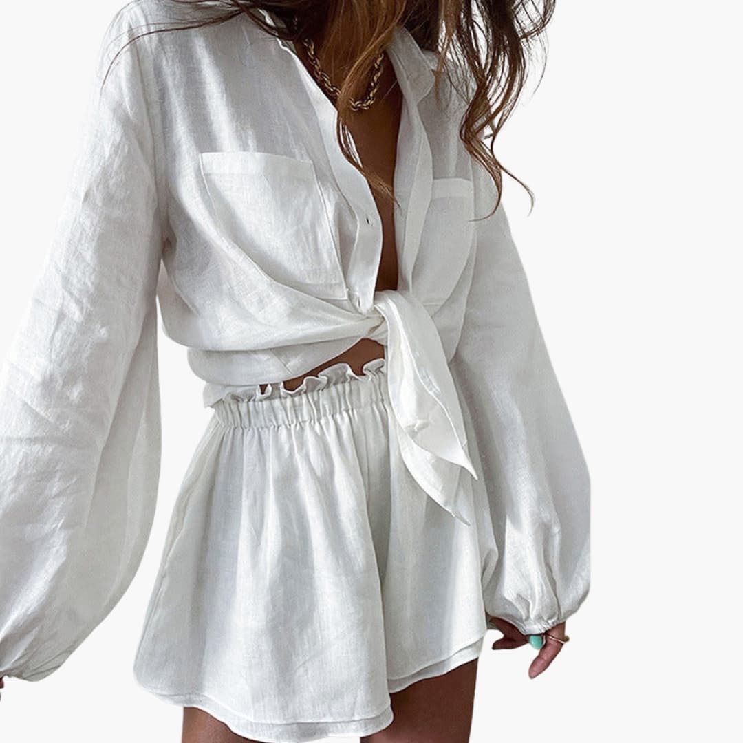 Cream white linen wrap crop top with voluminous long sleeves and shorts two-piece