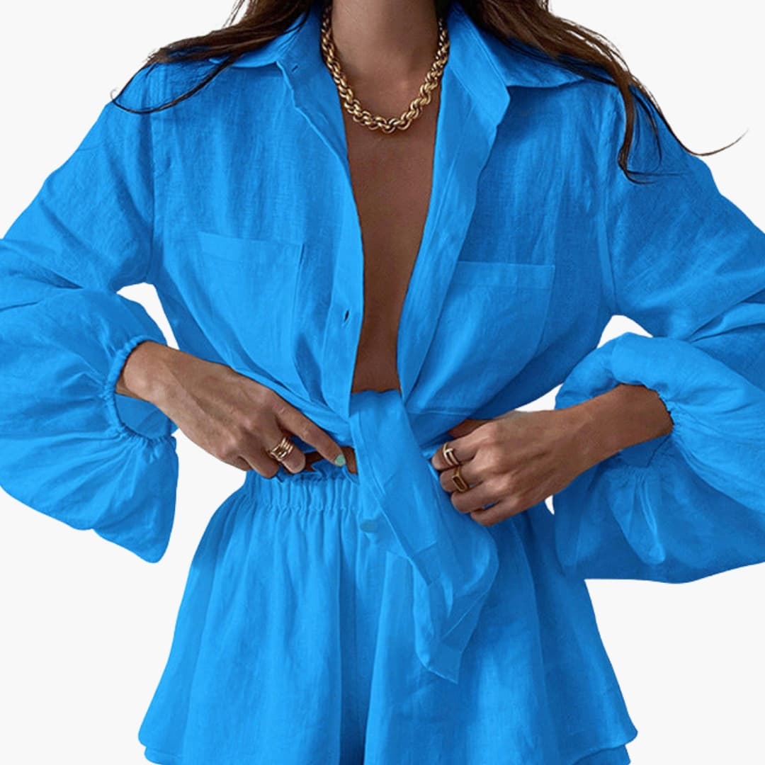 Bright blue linen wrap crop top with long sleeves and matching shorts two-piece set