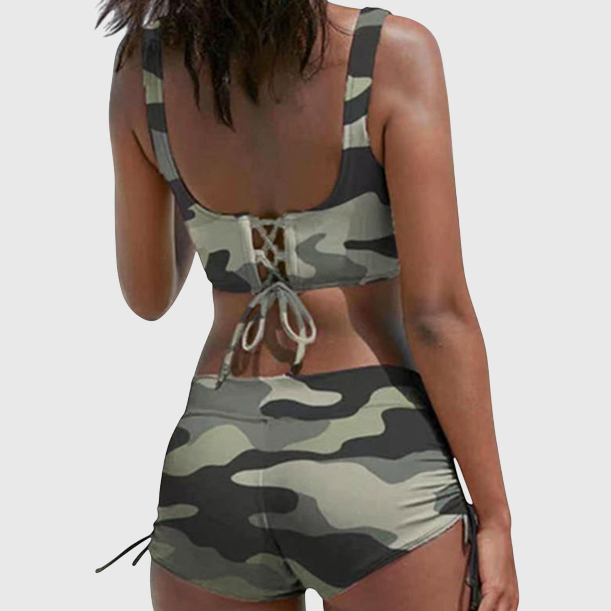 Back view of camo bikini with lace-up detail on top and side-tie shorts