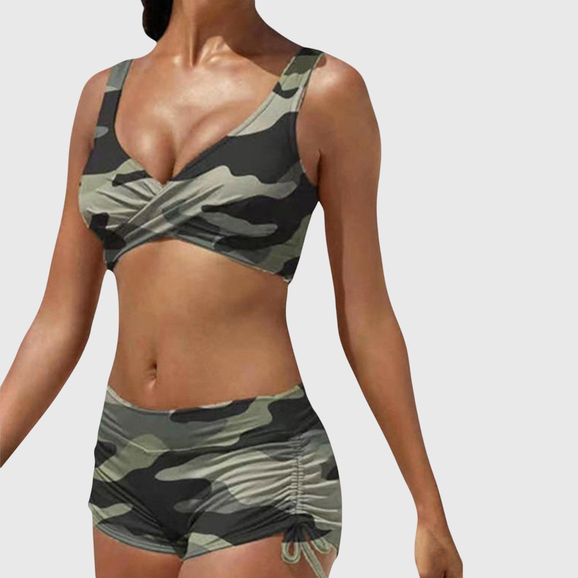 Camo two-piece bikini swimsuit with olive and black pattern, wrap-front top and ruched shorts