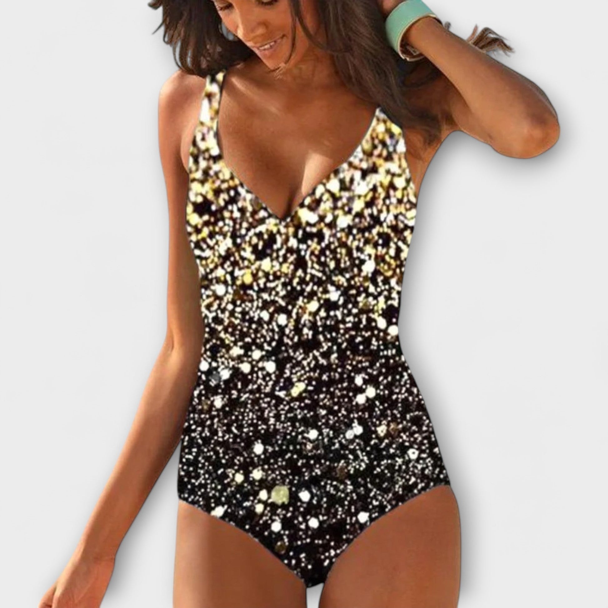 Gold and black speckled wrap-front one-piece with v-neck halter straps