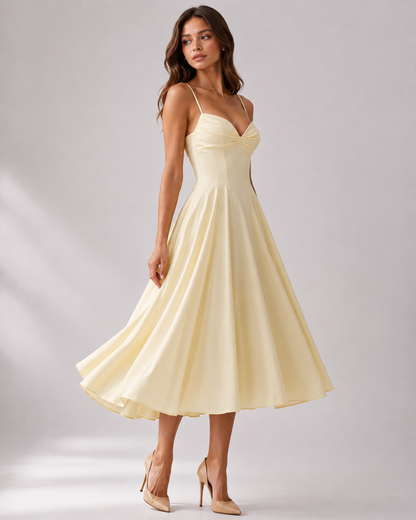 Women's Yellow Floral V-Neck Midi Wedding Guest Dress