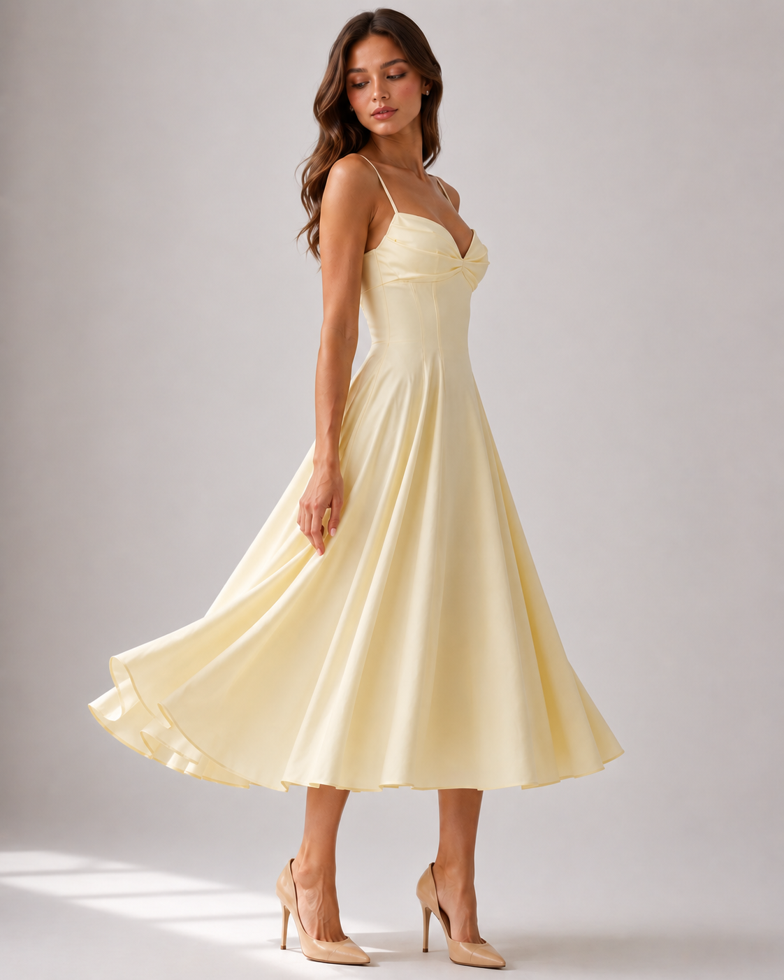 Women's Yellow Floral V-Neck Midi Wedding Guest Dress